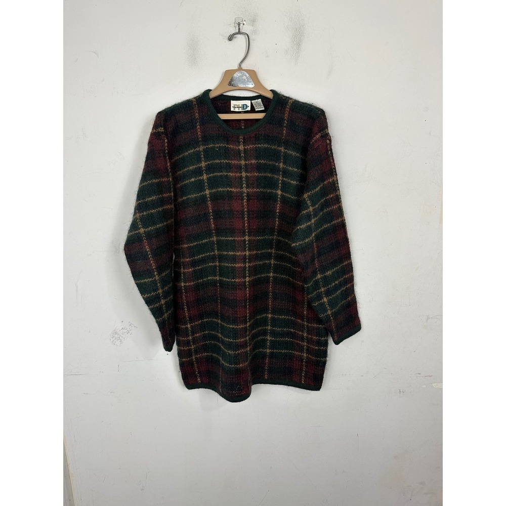 Vintage Paul Harris Design Mohair Blend Plaid Sweater Green Burgundy Large 90s